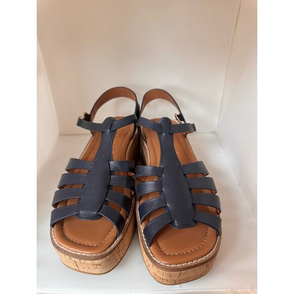 Kate Spade retro Mabel Platform Wedge Sandals Navy Blue leather  Peep Toe Sz 8.5 - Picture 4 of 11